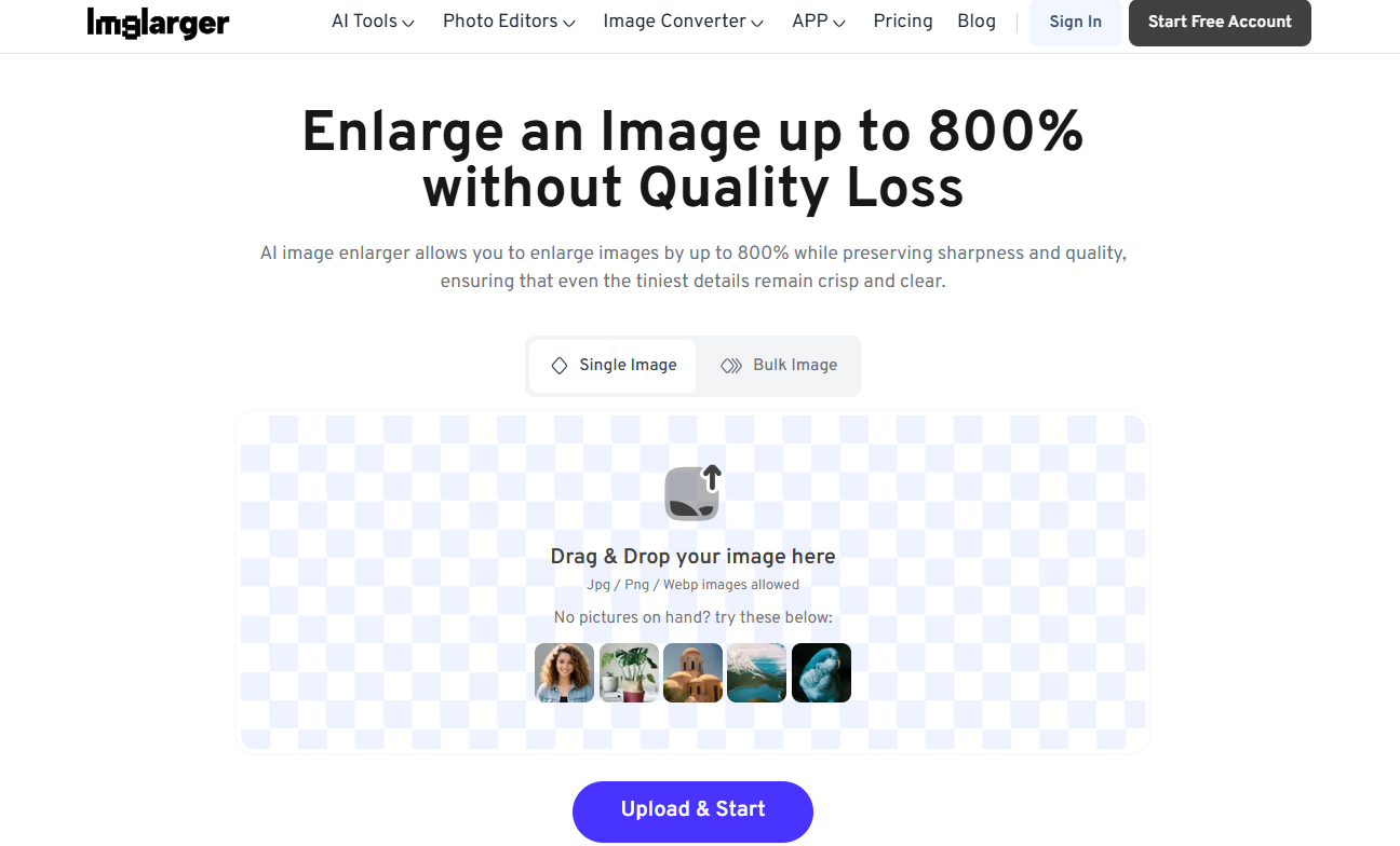 Область загрузки AI Image Enlarger с режимами Single Image и Bulk Image