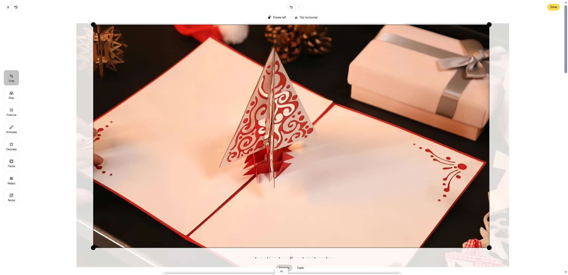 Редактор после увеличения: Crop, Filter, Finetune, Annotate, Decorate, Frame, Redact и Resize
