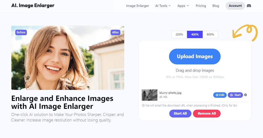 Загруженный файл, выбор масштаба, Edit и Start в AI Image Enlarger
