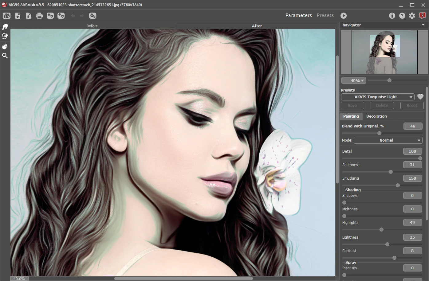 Интерфейс AKVIS AirBrush с параметрами эффекта аэрографа