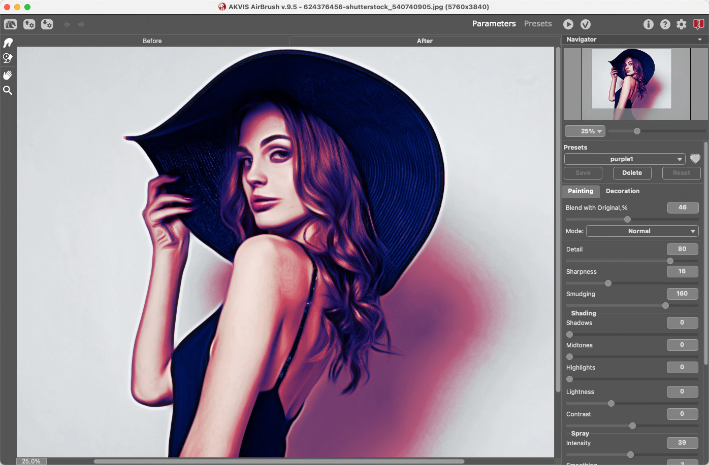 Панель Painting с цветовым режимом и параметрами AKVIS AirBrush