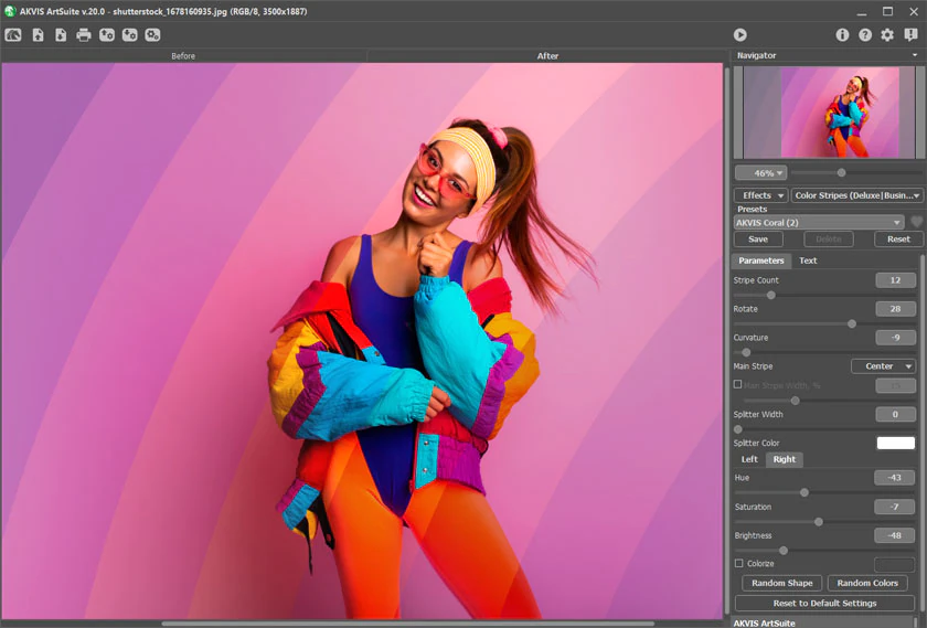 Рабочее окно AKVIS ArtSuite с настройками Color Stripes