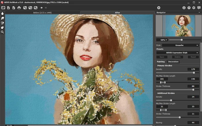 Рабочее окно AKVIS ArtWork с параметрами гуаши