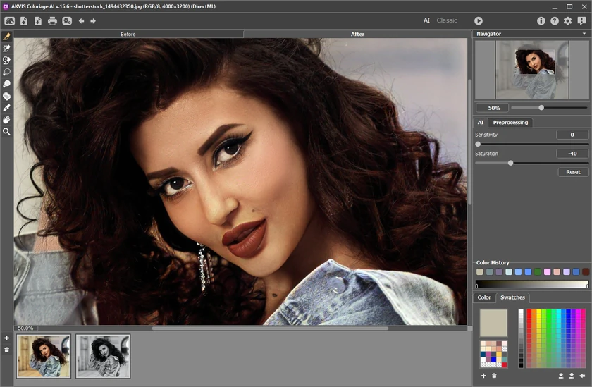 Интерфейс AKVIS Coloriage с фотографией и панелью параметров