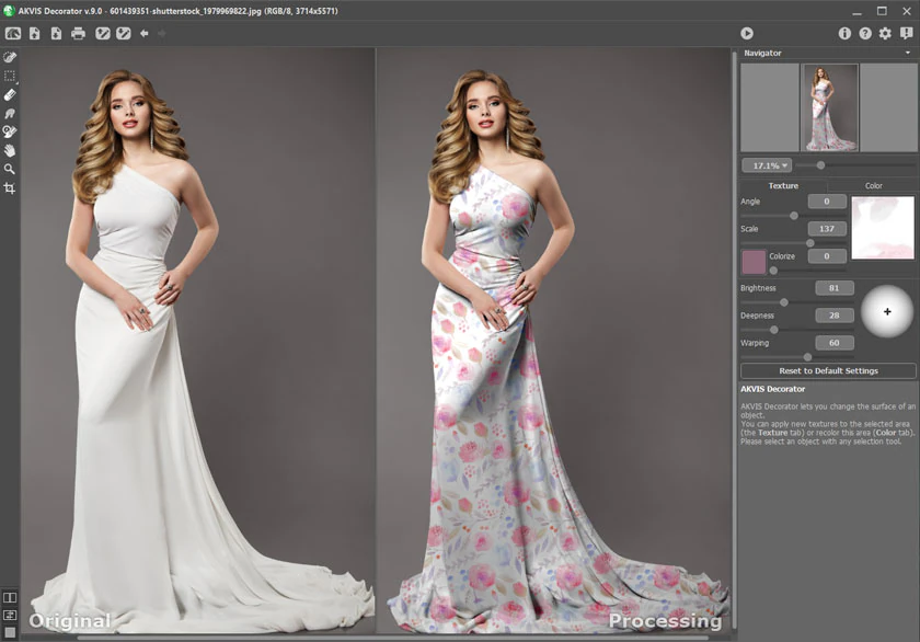 Рабочее пространство AKVIS Decorator с вкладками Original и Processing