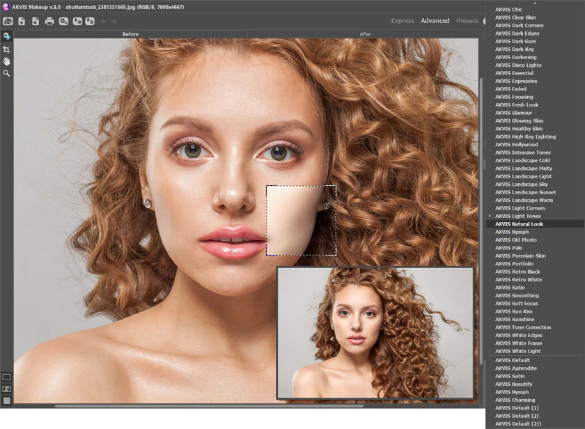Поле выбора пресетов и быстрый предпросмотр AKVIS MakeUp