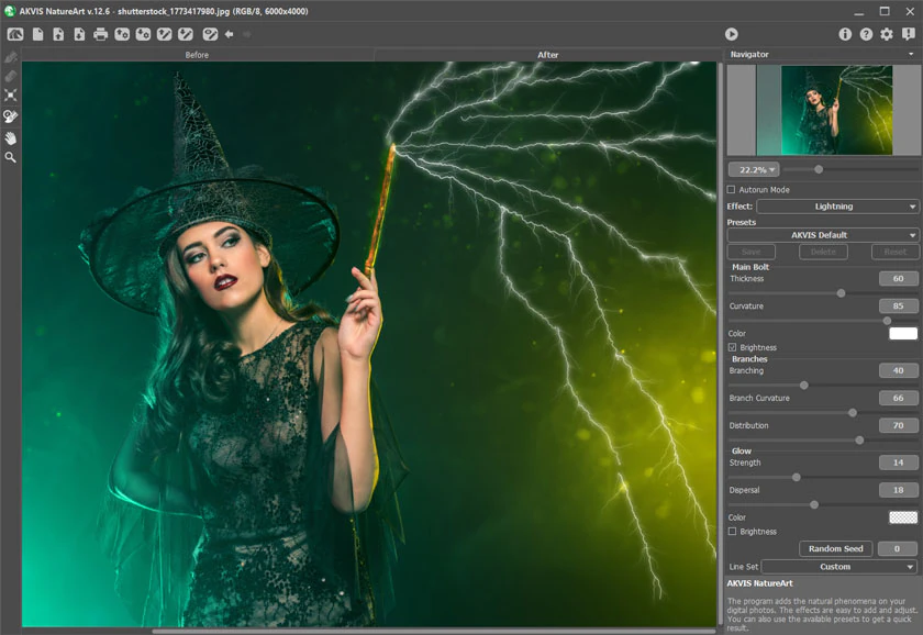 Настройки и направляющие Lightning в AKVIS NatureArt