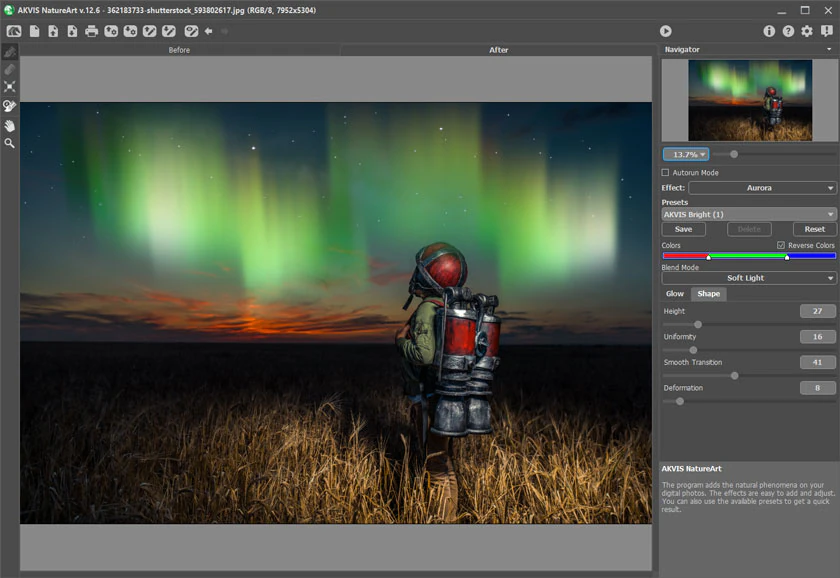 Эффект Aurora в AKVIS NatureArt с цветными полосами сияния