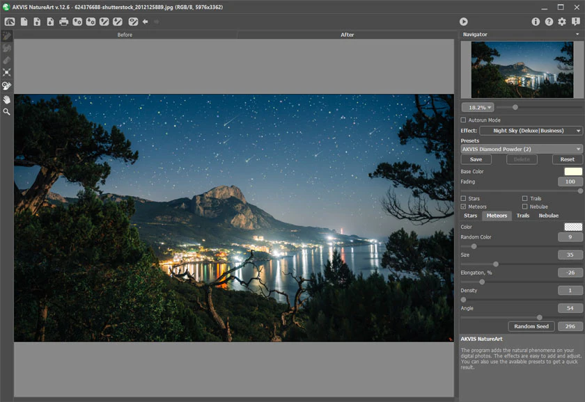 Эффект Night Sky в AKVIS NatureArt со звёздными объектами