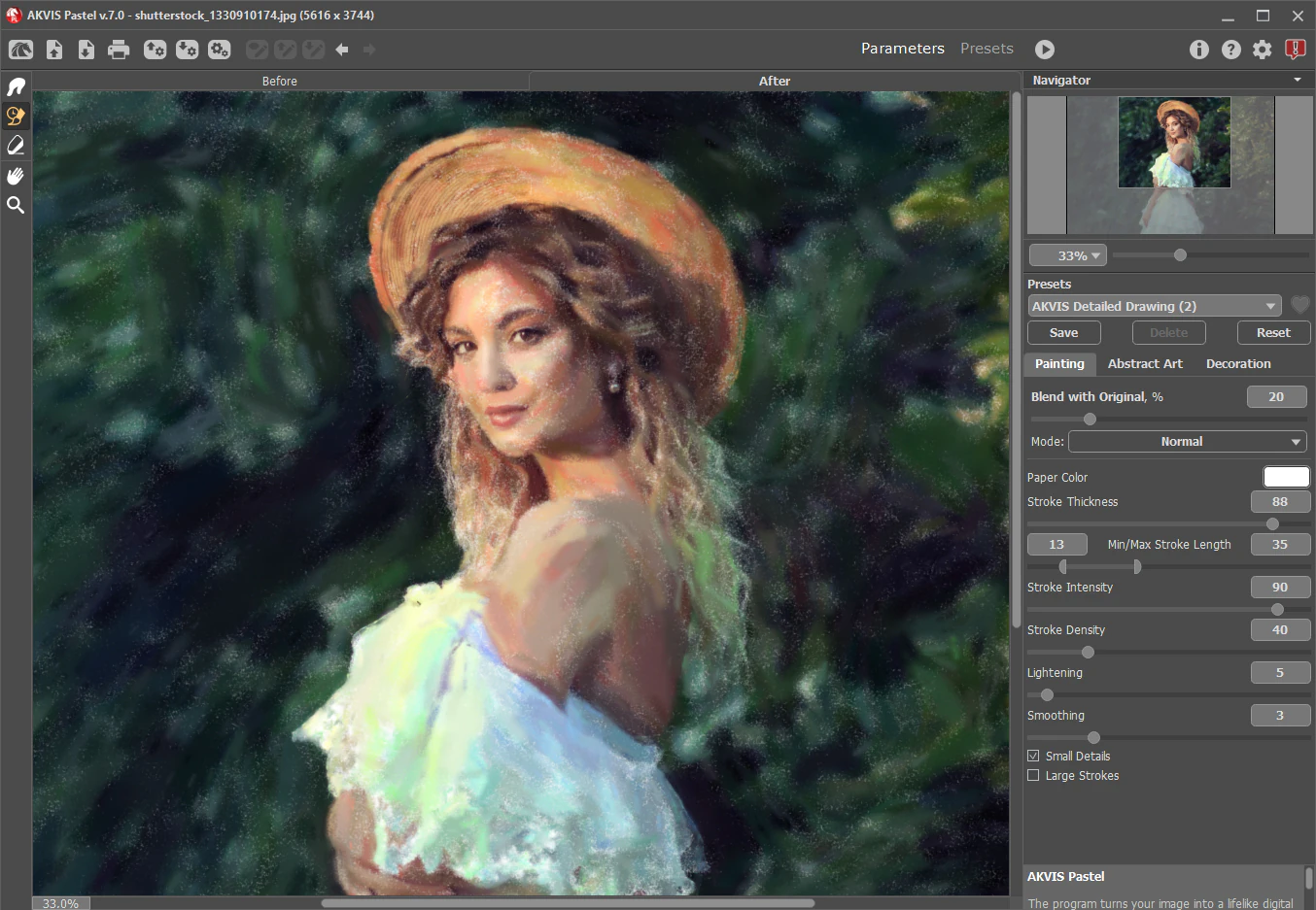 Интерфейс AKVIS Pastel с фотографией и панелью параметров эффекта