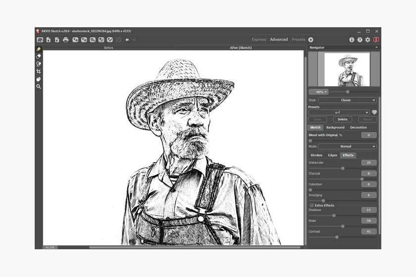 AKVIS Sketch: рабочее пространство Advanced