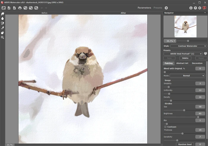 Рабочая область AKVIS Watercolor с вкладками Before и After и панелью параметров