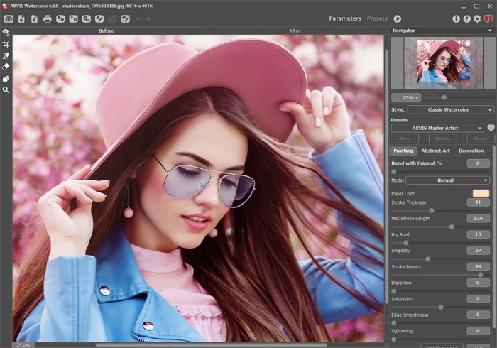 Основные параметры AKVIS Watercolor на фотографии перед итоговой обработкой
