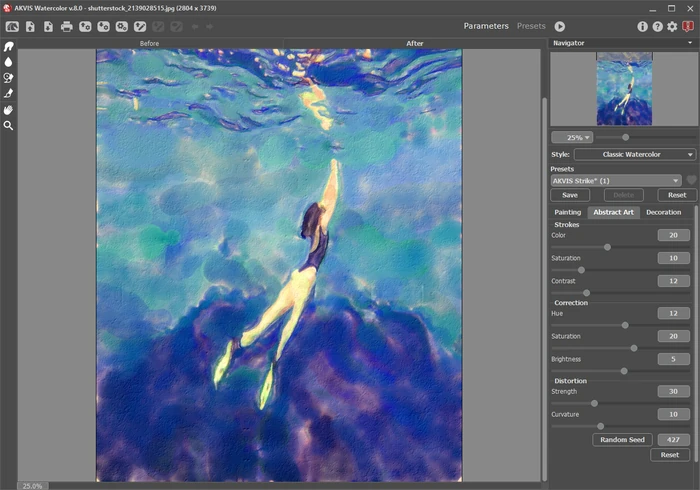 Панель Abstract Art в AKVIS Watercolor с обработанной фотографией