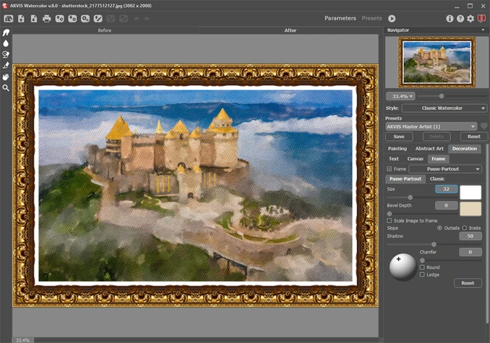 Раздел Frame в AKVIS Watercolor с классической рамкой