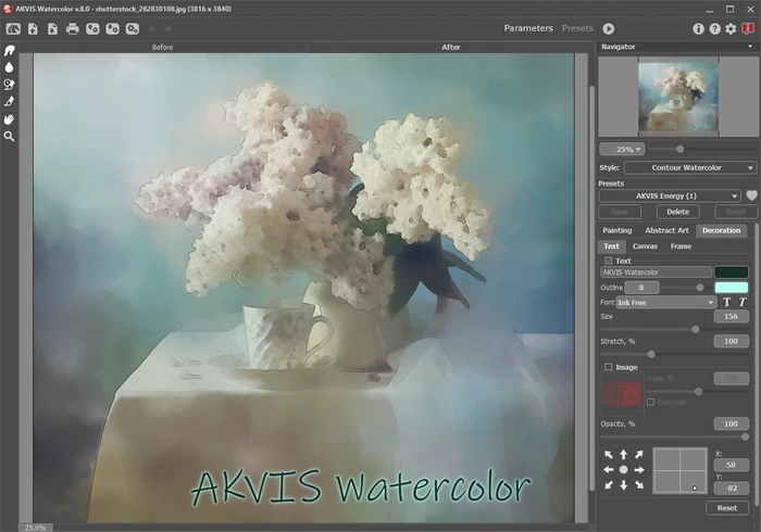 Раздел Text в AKVIS Watercolor с добавленной надписью