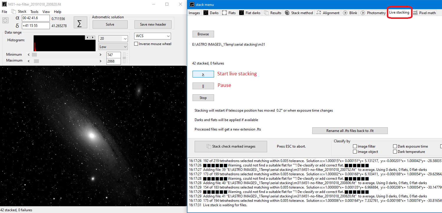 ASTAP: режим Live stacking