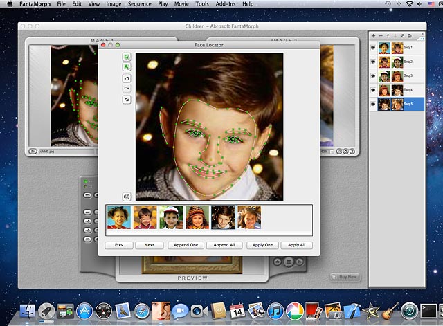 Face Locator в Abrosoft FantaMorph с автоматически найденными точками лица