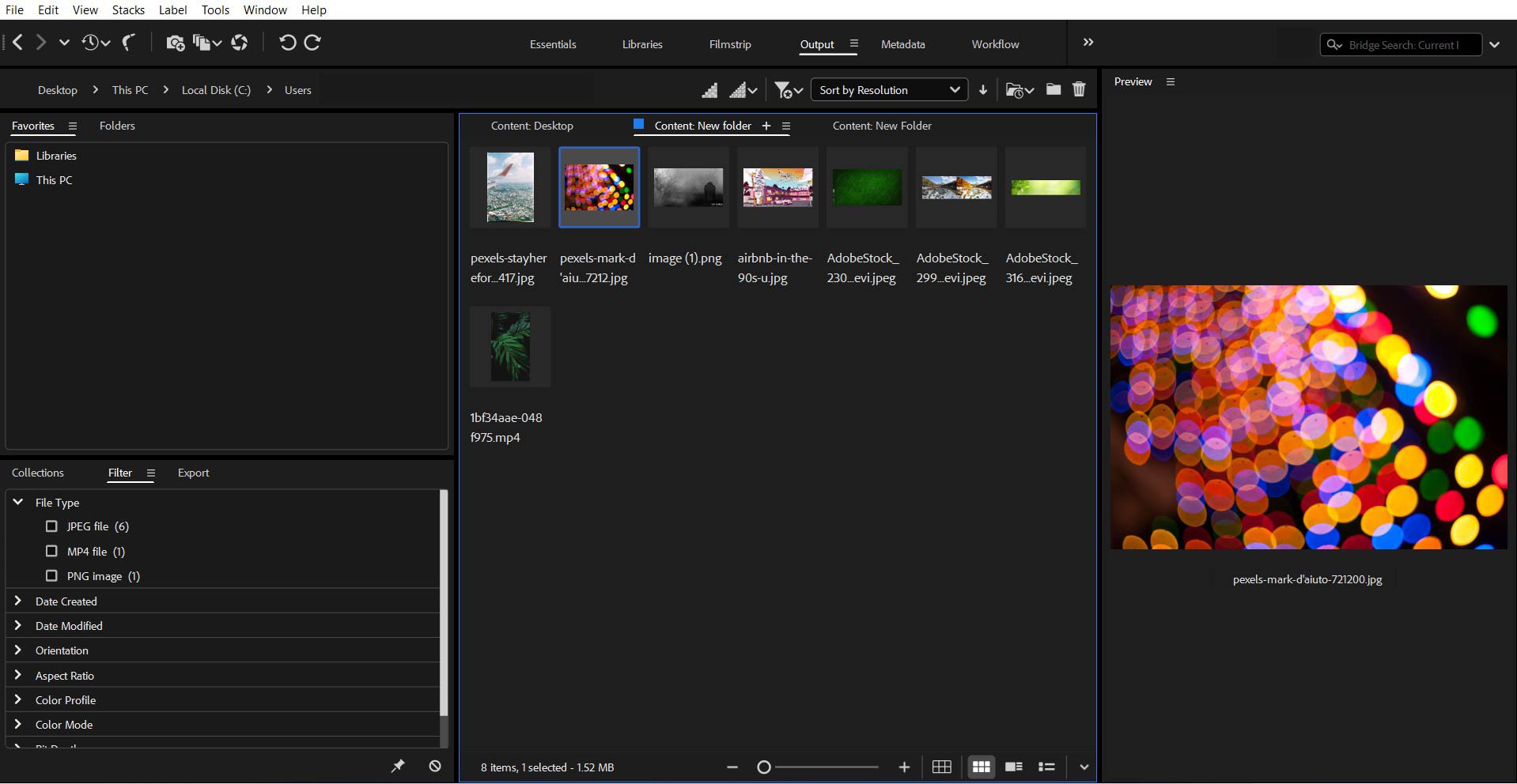Основное рабочее пространство Adobe Bridge с панелями Content, Filter и Preview
