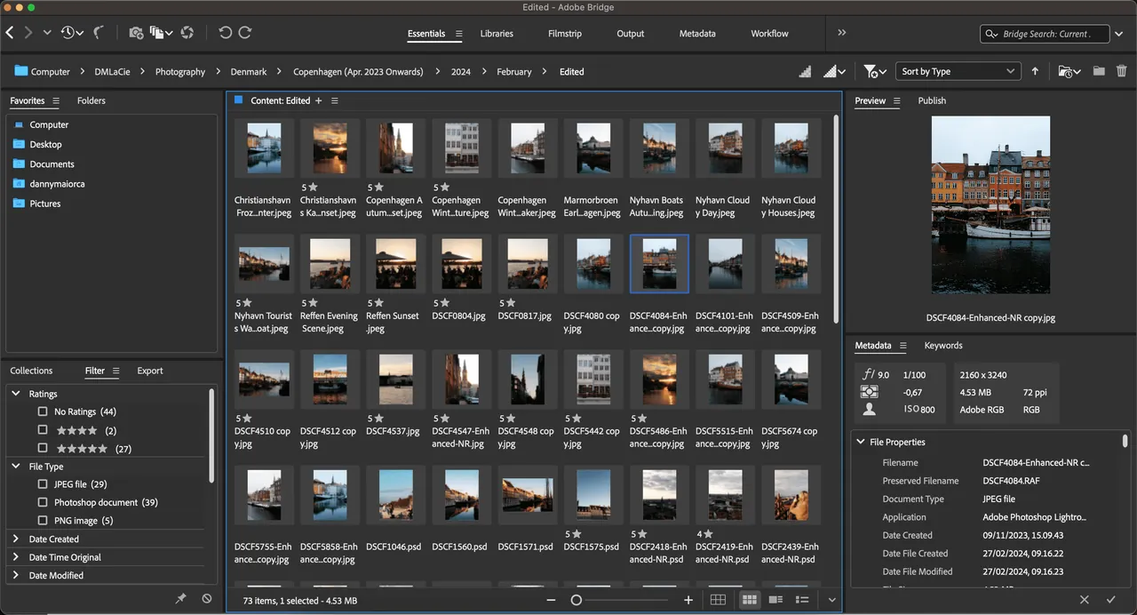 Сетка изображений Adobe Bridge с рейтингами, фильтрами и панелью Metadata