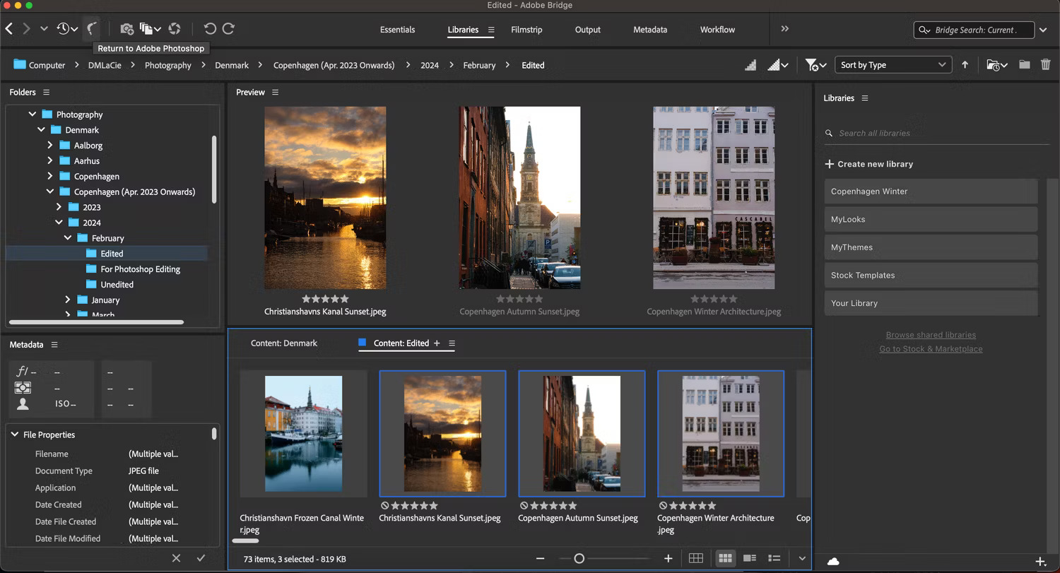 Adobe Bridge с панелью Libraries, Preview и несколькими Content-панелями