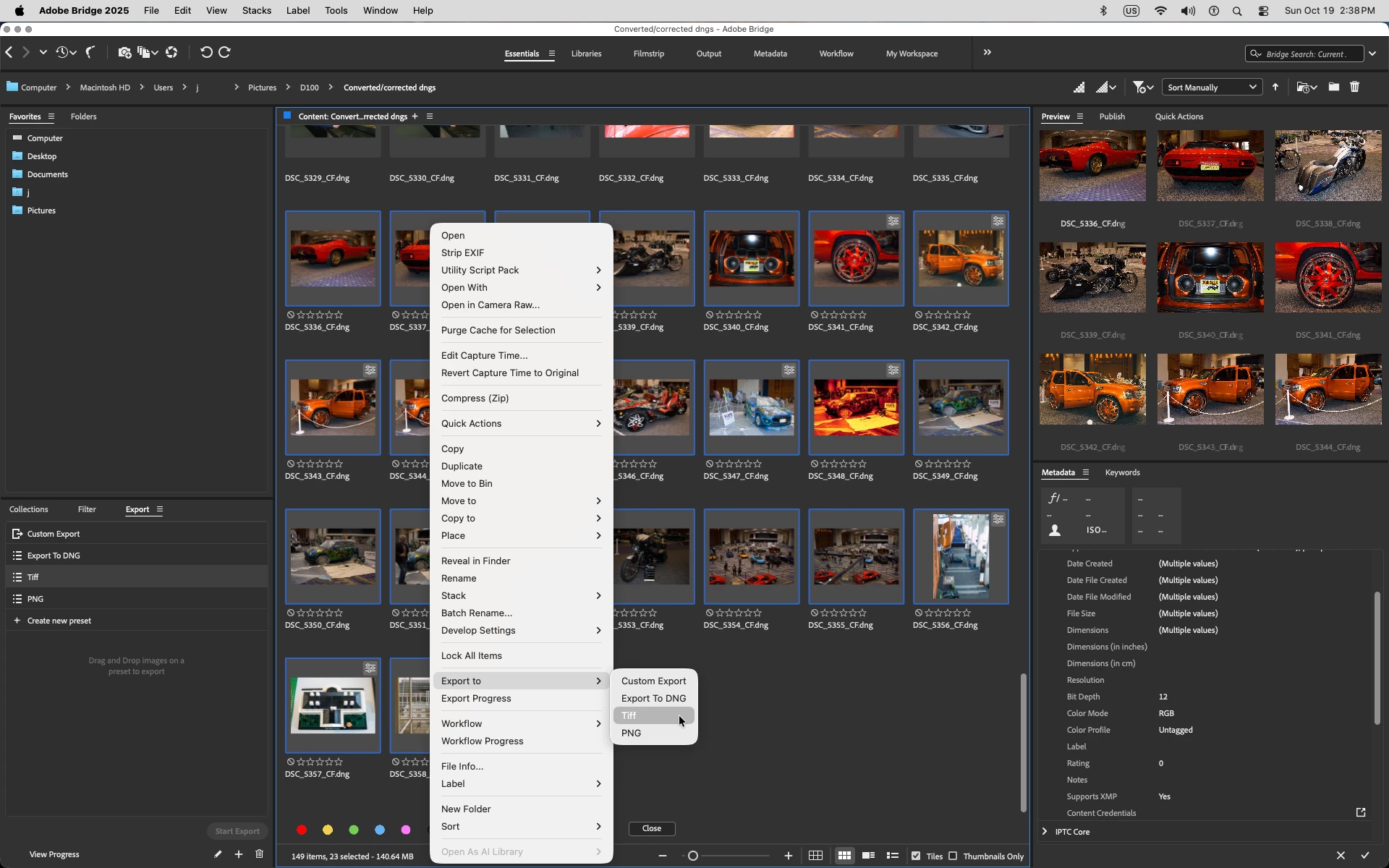 Контекстное меню Adobe Bridge с вариантами Export
