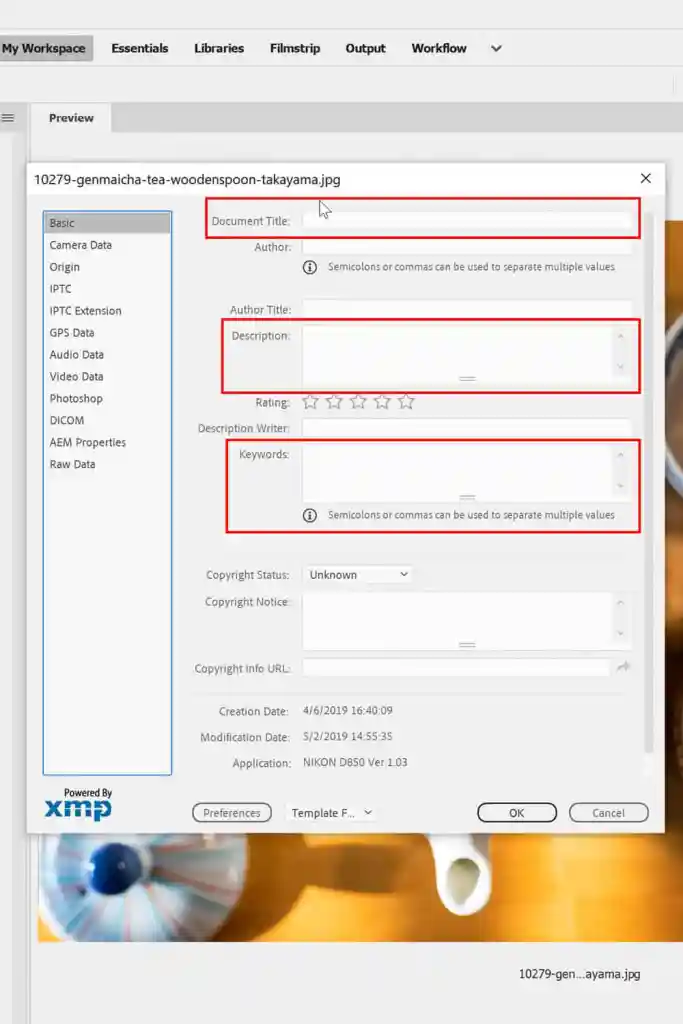 Поля заголовка, описания и ключевых слов в File Info Adobe Bridge