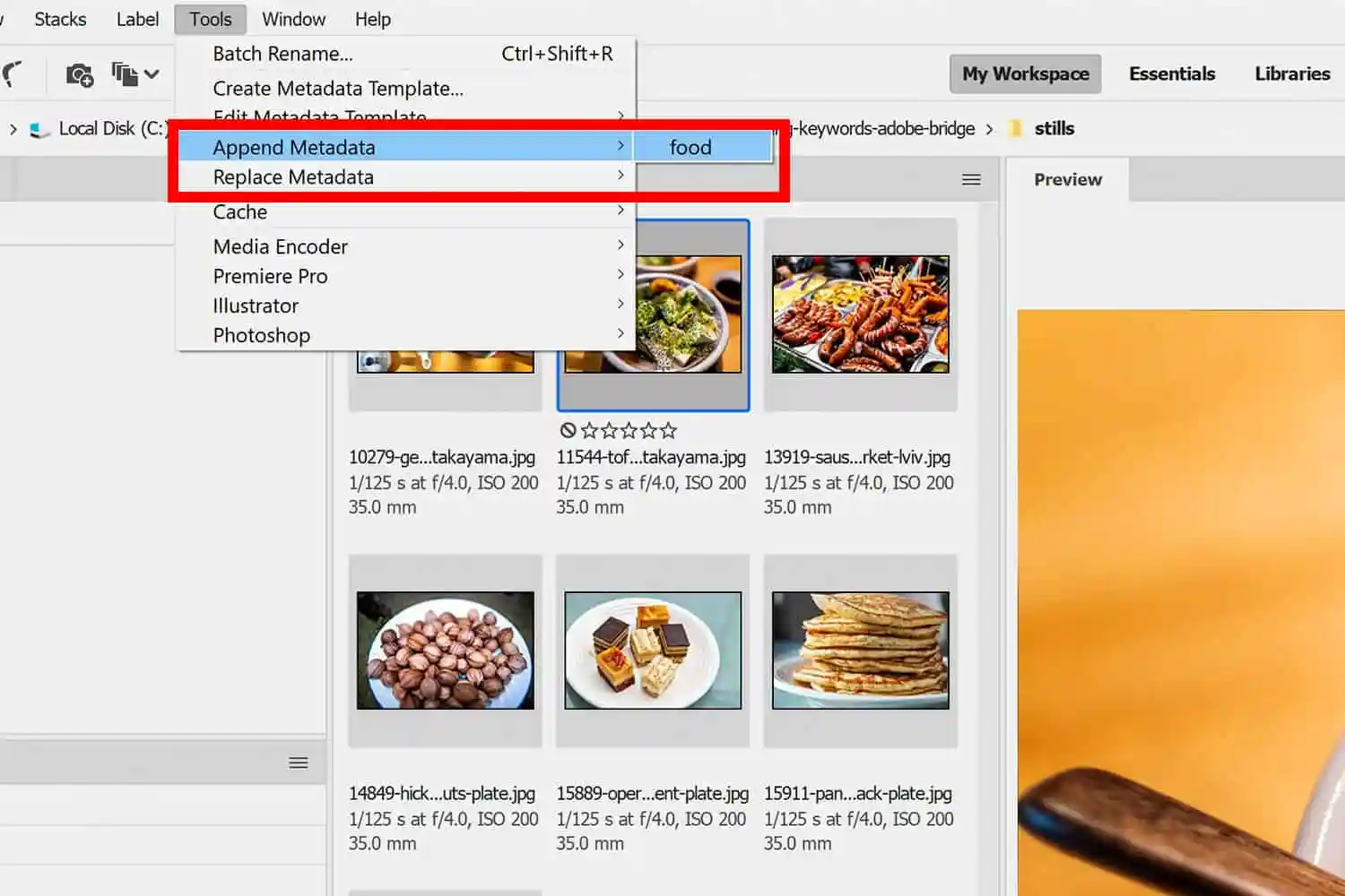 Команды Append Metadata и Replace Metadata в Adobe Bridge