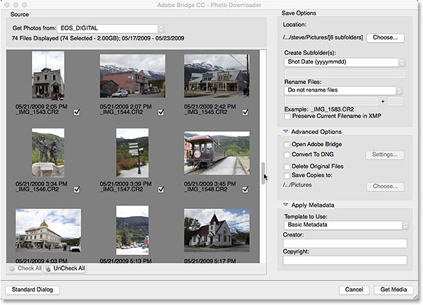 Расширенный диалог Adobe Bridge Photo Downloader