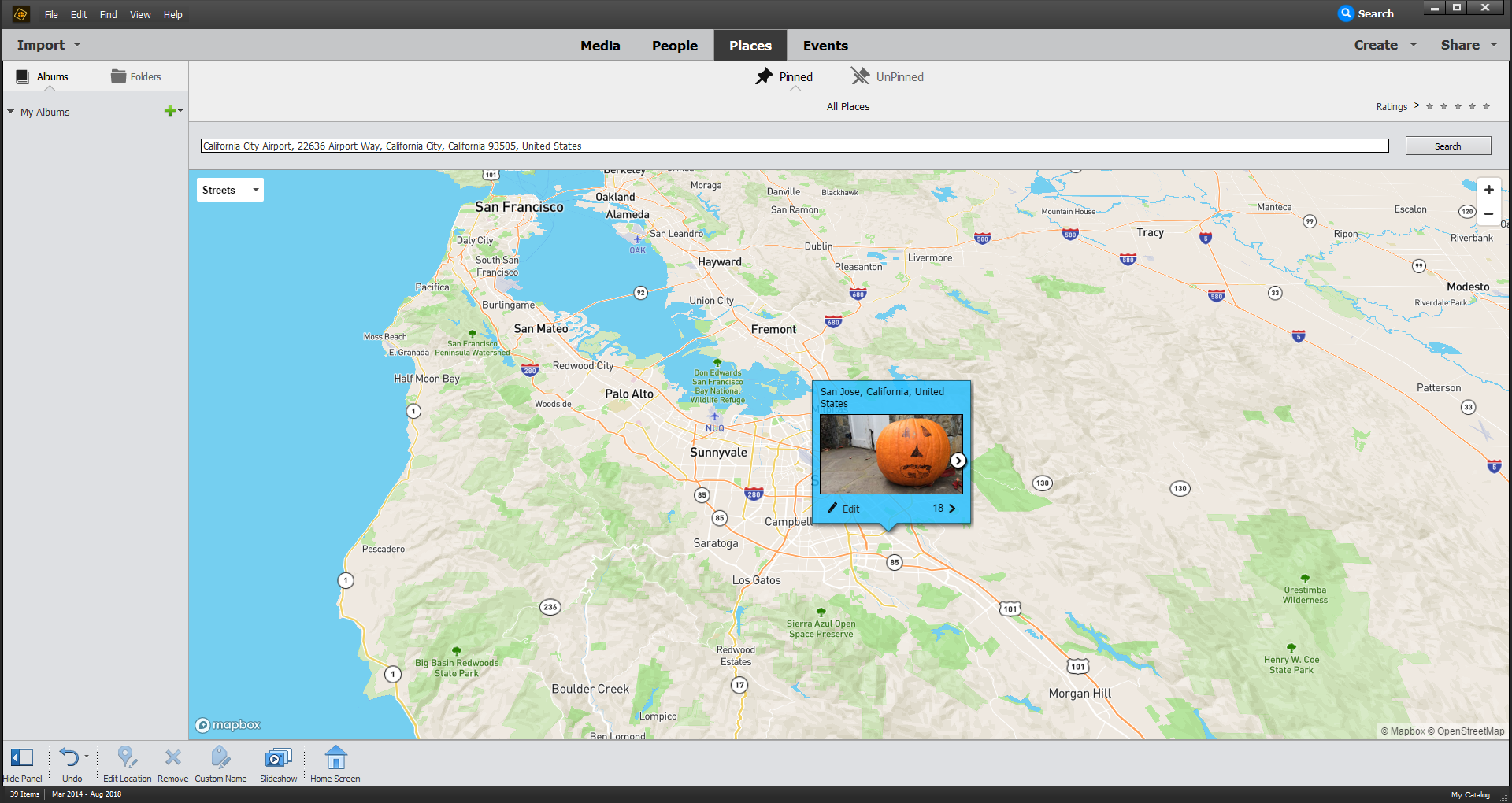 Карта и закреплённая фотостопка в Places Adobe Elements Organizer
