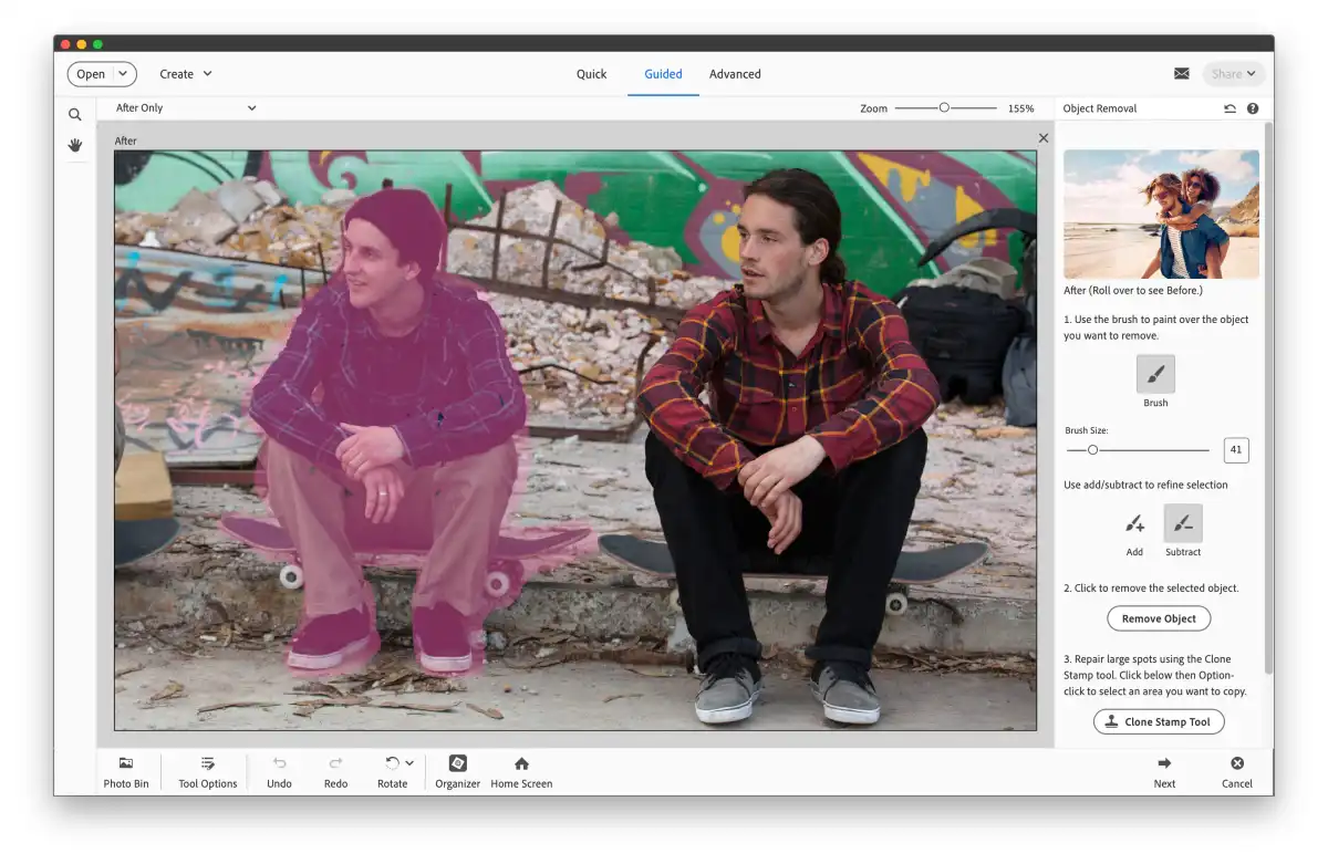 Удаление объекта в Guided режиме Photoshop Elements