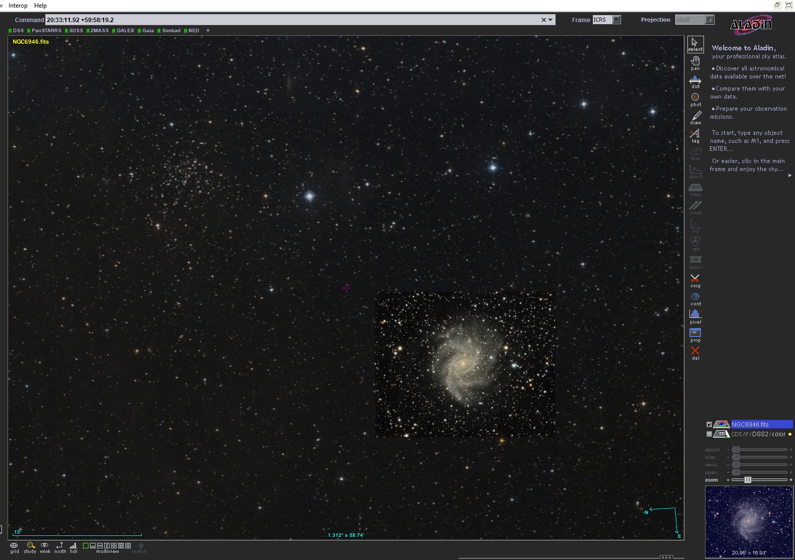 FITS-кадр NGC 6946 поверх обзорных данных в Aladin