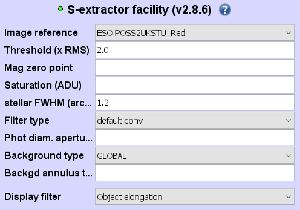 Параметры S-Extractor facility в Aladin