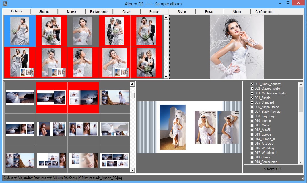 Вкладка Pictures и область Templates в Album DS