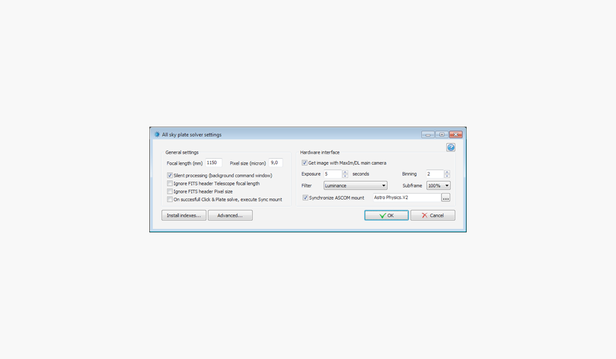 Официальный скриншот настроек All Sky Plate Solver