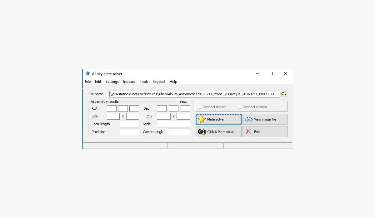 Выбор файла для plate solving в All Sky Plate Solver