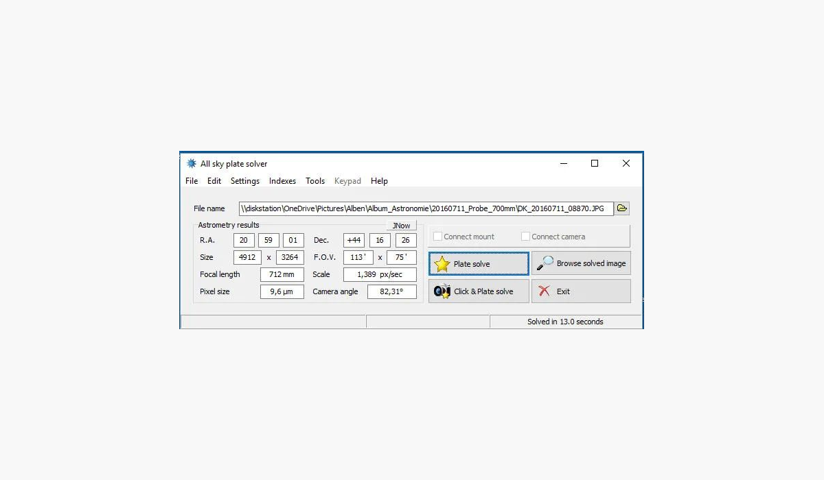 Результаты plate solving в All Sky Plate Solver