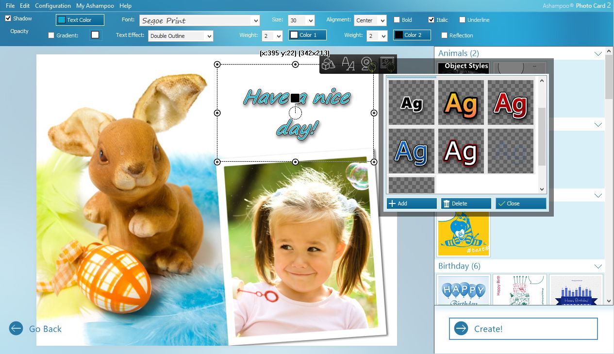 Редактирование текста и стиля элемента в Ashampoo Photo Card