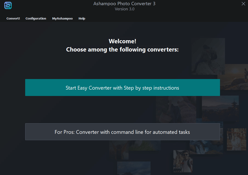 Стартовый экран Ashampoo Photo Converter с выбором пошаговой обработки и командной строки