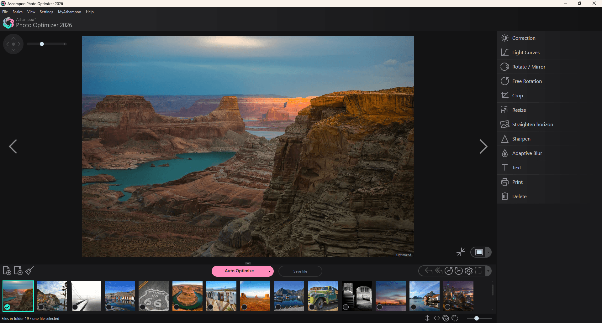 Главное окно Ashampoo Photo Optimizer с предпросмотром, миниатюрами и панелью инструментов