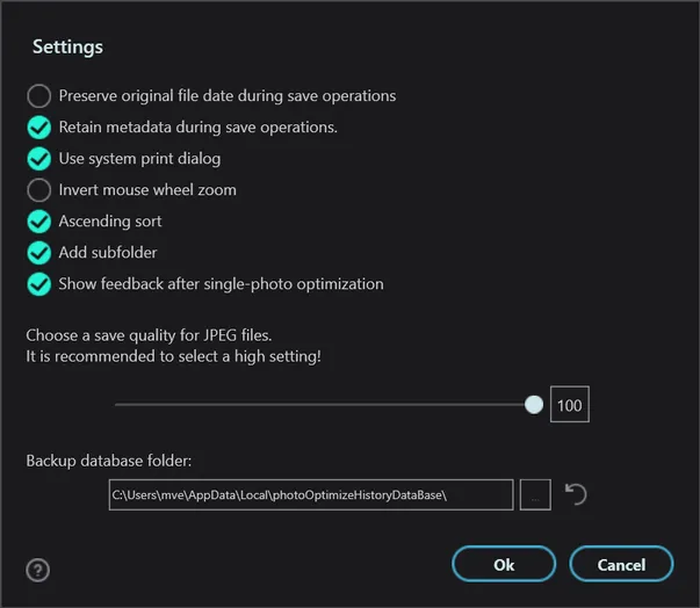 Настройки Ashampoo Photo Optimizer, включая качество JPEG и папку резервных копий