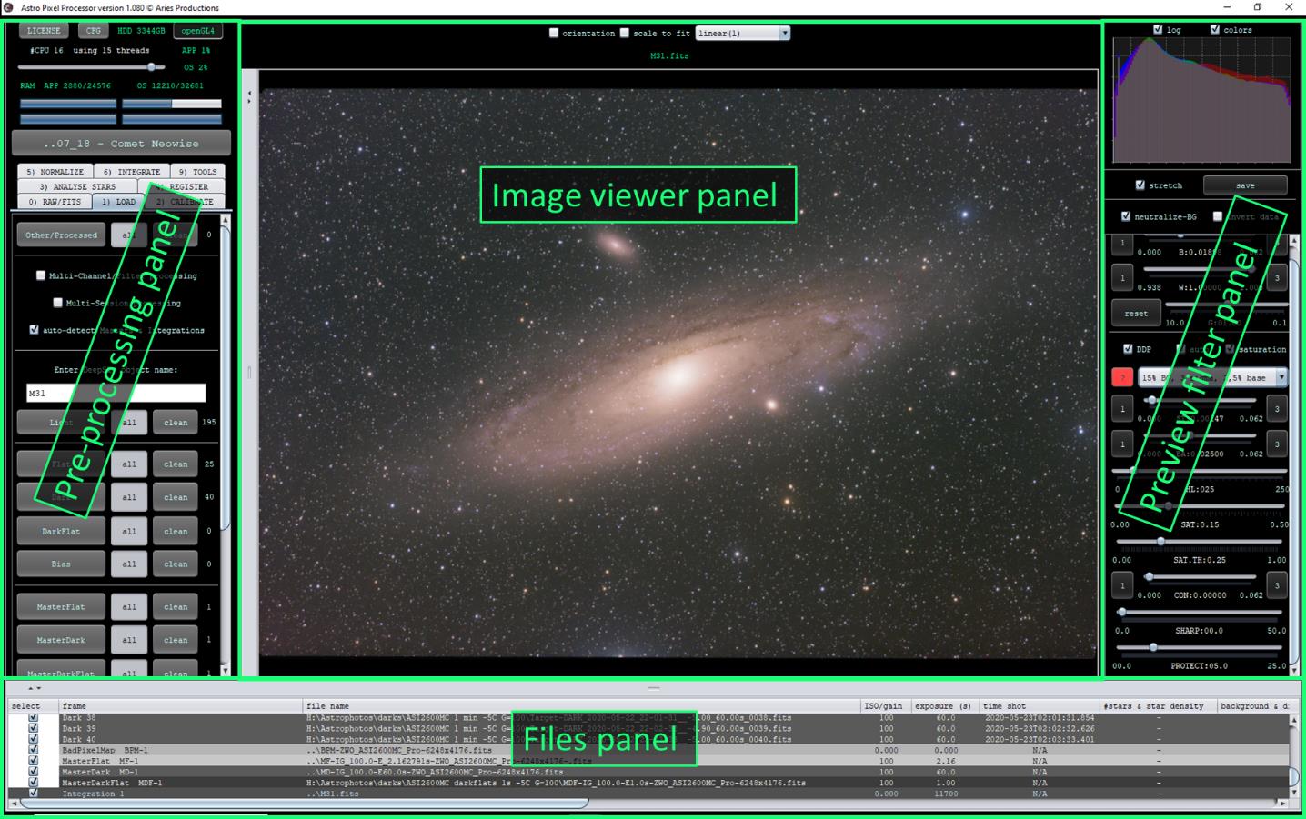Панели интерфейса Astro Pixel Processor