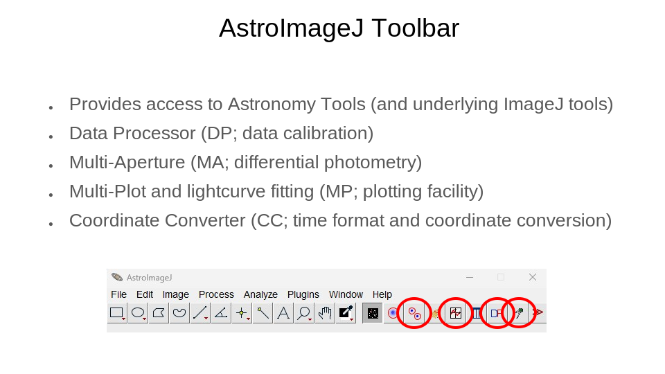 Панель инструментов AstroImageJ с астрономическими модулями