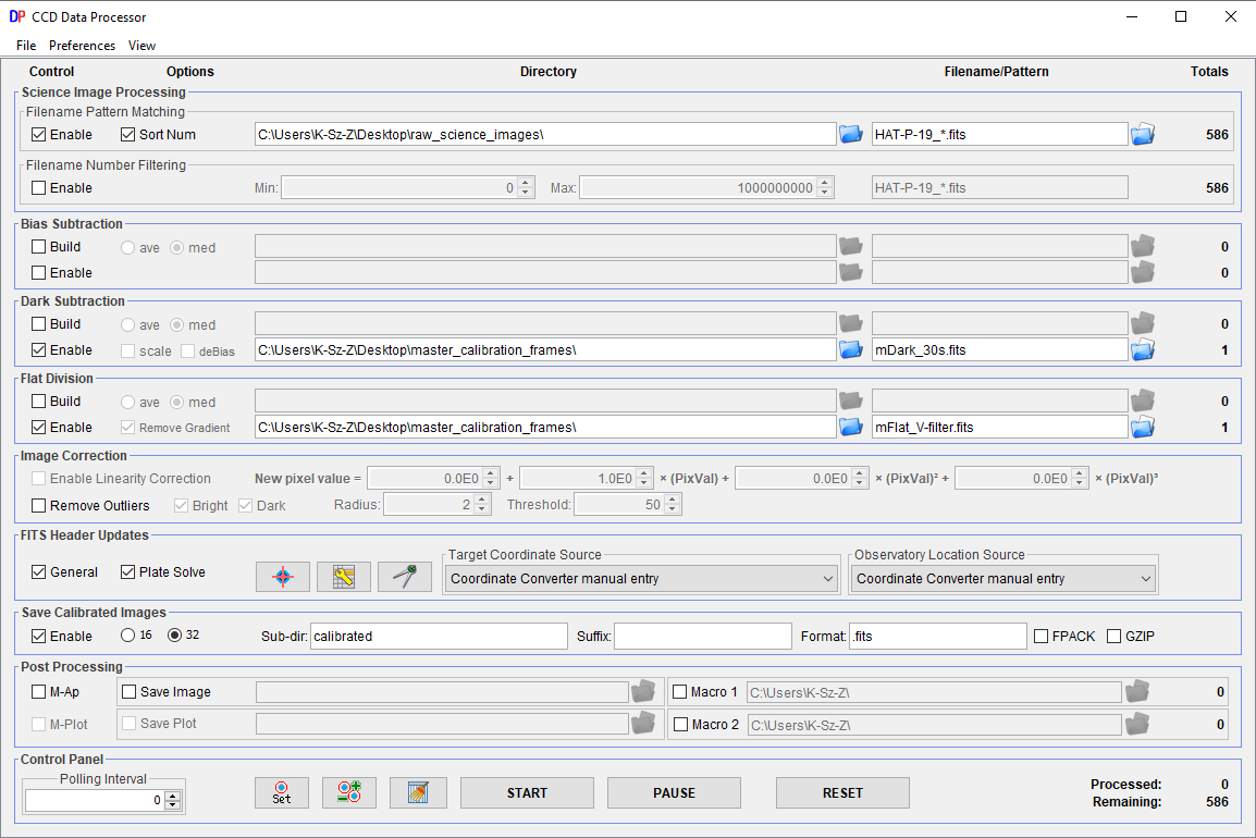 Полное окно Data Processor с настройками калибровки AstroImageJ