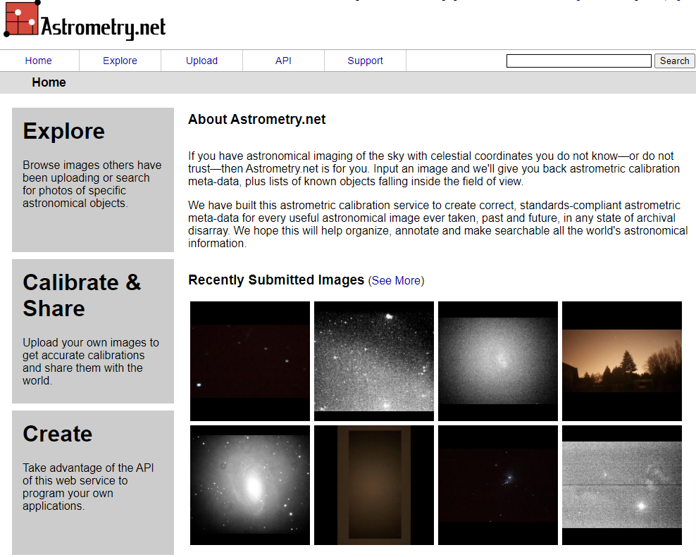 Главная страница Astrometry.net с разделами Explore, Calibrate and Share и Create