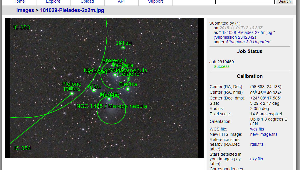 Результат Astrometry.net для Плеяд с параметрами ориентации и астрометрической калибровки