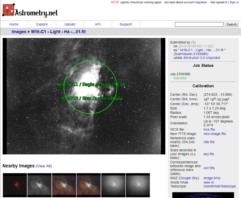 Страница результата Astrometry.net с аннотированным изображением туманности Орёл и блоком Calibration