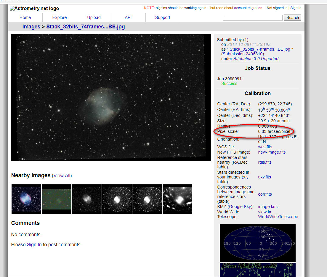 Калибровка Astrometry.net для M27 с выделенным значением пиксельного масштаба