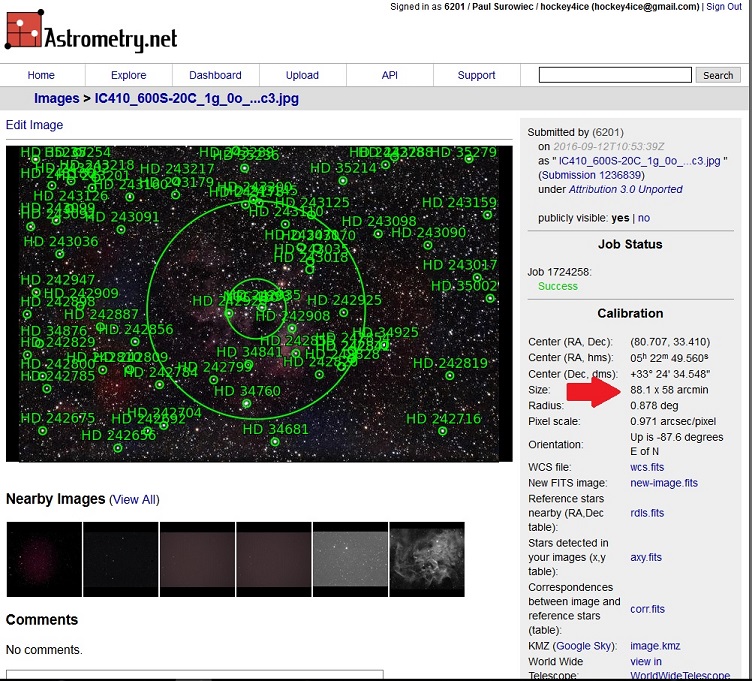 Решённое поле IC 410 в Astrometry.net с аннотациями, параметрами калибровки и ссылками на результаты