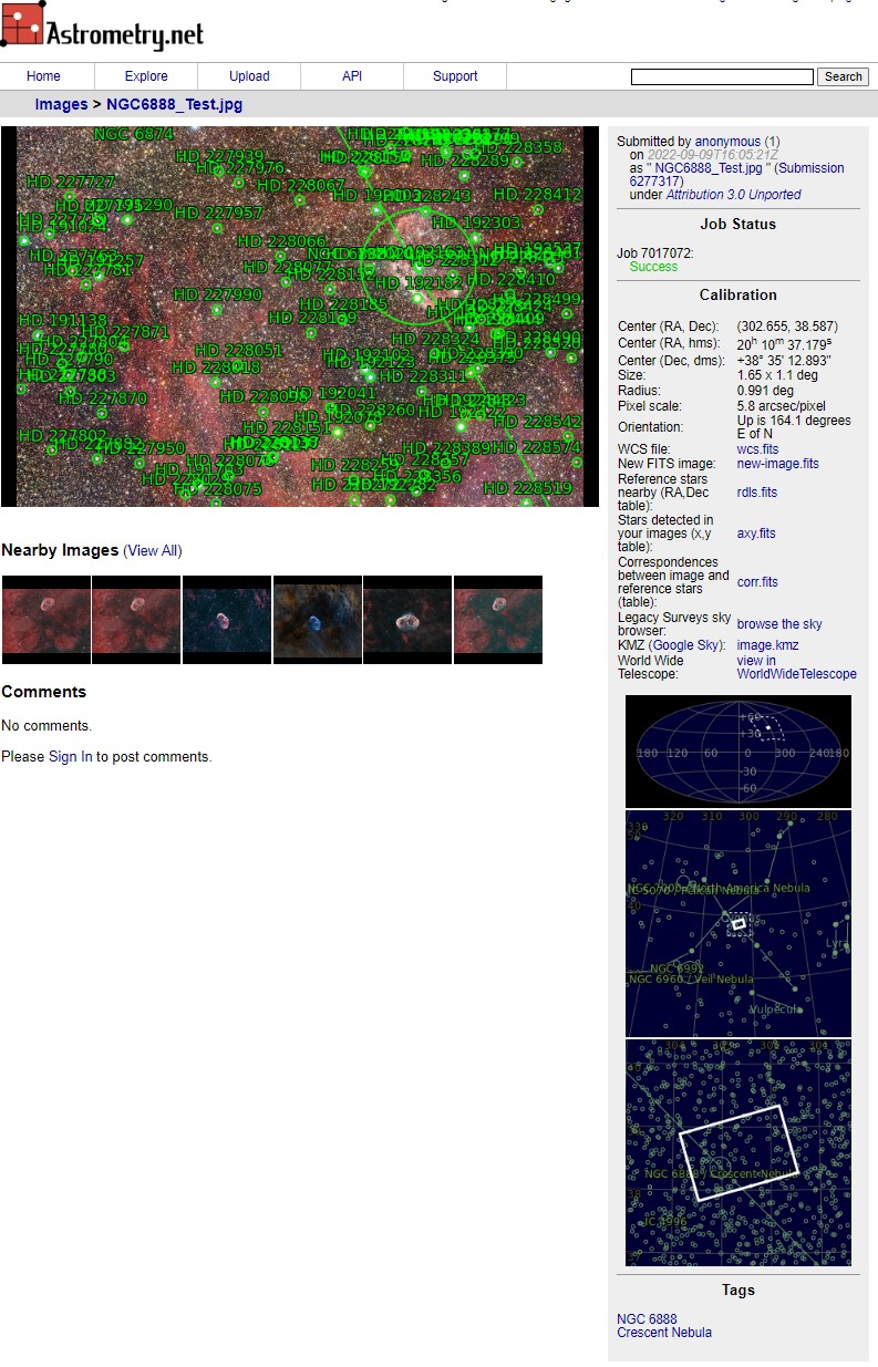 Аннотированный результат Astrometry.net для области туманности Полумесяц с небесными объектами и калибровкой